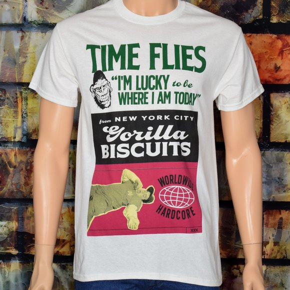 Men's Gorilla Biscuits Hardcore Band "Time Flies" White Short Sleeve T-Shirt - Picture 1 of 4